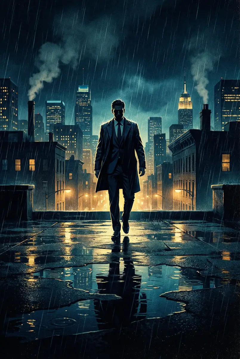 吴君如全集 出品影片《雨夜独行者》海报，雨中城市屋顶男性剪影